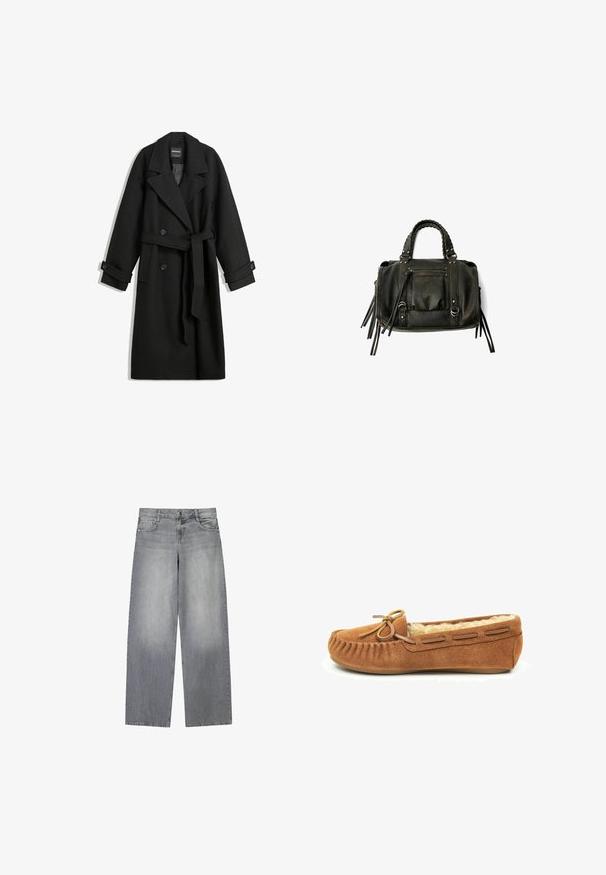 Musta villasekoitekotoinen takki, jossa on tuplapainike-muotoilu, suuret kaulukset, sivutaskut ja vyötärölle sidottava vyö. Koristeena nappiyksityiskohtia.; Valkoinen lyhythihainen pusero, jossa on pystysuorat ja V-muotoiset raidat, edessä vetoketju, terävä kaulus ja kaksi etutaskua.; Vaaleanharmaat, leveälahkeiset farkut, joissa on hieman haalistunut pinta. Farkuissa on viisi taskua, etupainonappi ja vyölenkit.; Ruskeat mokkasiinit, joissa on turkisvuori, nauha koristeena varpaassa ja koristepistot yläosassa. Tasainen kumipohja.; Musta nahkainen käsilaukku letitetuilla kahvoilla, vetoketjullinen tasku ja roikkuvat tupsut. Muotoiltu pinta metallisten niittien ja varusteiden korostuksilla.