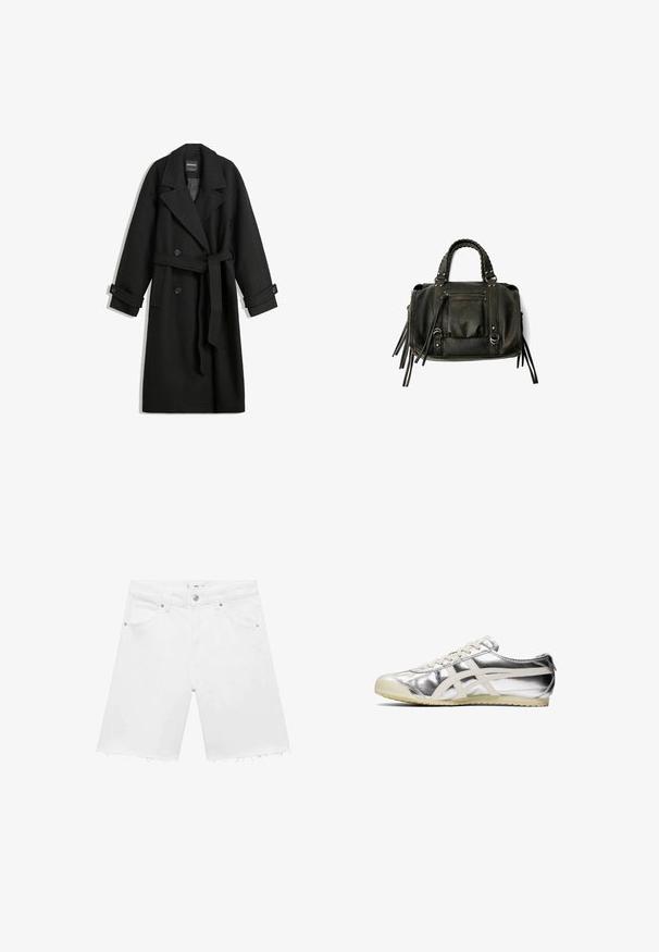 Black wool blend coat with a double-breasted design, large lapels, side pockets, and a tied belt at the waist. Features button accents.; White short-sleeve blouse with vertical and chevron stripes, featuring a front zipper, pointed collar, and two front pockets.; White denim shorts with frayed hem, five pockets, button closure, and subtle stitching detail on the back. Standard cut and lightweight fabric.; Silver metallic sneaker with white accents and laces. Features a textured surface, rounded toe, and a rubber sole with a pattern for grip.; Black leather handbag with braided handles, zipper pocket, and hanging tassels. Textured surface with metal studs and hardware accents.