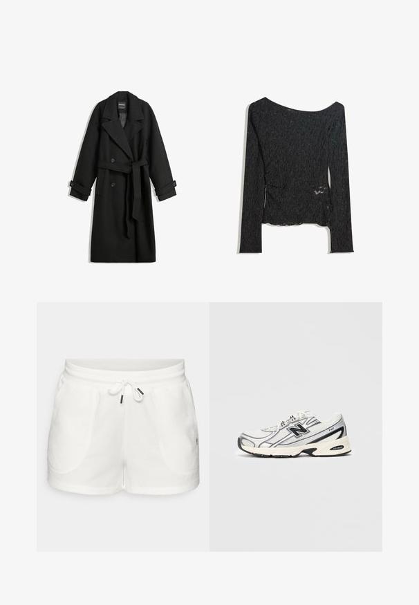 Musta villasekoitekotoinen takki, jossa on tuplapainike-muotoilu, suuret kaulukset, sivutaskut ja vyötärölle sidottava vyö. Koristeena nappiyksityiskohtia.; Pitkähihaisesta mustasta paidasta, joka on valmistettu teksturoidusta kankaasta, on venepääntie ja sivuaukko, sekä ryppyinen pinta koko vaatteessa.; Valkoiset puuvillashortsit, joissa on joustava vyötärö, naru metallisilla päillä ja kaksi sivutaskua pehmeällä pinnalla.; Valkoiset ja harmaat urheilukengät mustalla "N"-logolla, verkkomateriaali yläosassa, pehmustettu pohja ja nauhakiinnitys, esitelty vaaleanharmaalla taustalla.