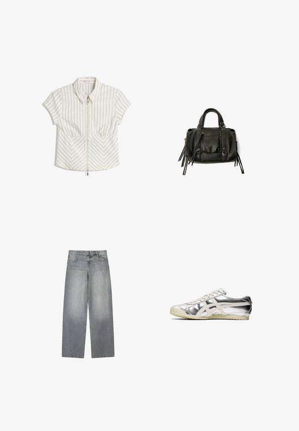 Svart ullblandad kappa med dubbelknäppt design, stora slag, sidofickor och ett knytbälte i midjan. Har knapppynt.; Vit kortärmad blus med vertikala och chevron-ränder, som har en dragkedja framtill, spetsig krage och två framläppar.; Grå denimjeans med vida ben och en något bleknad finish, med fem fickor, knappstängning fram och bälteshällor.; Silvriga metalliska sneakers med vita detaljer och snören. Har en texturerad yta, rund tå och en gummisula med ett mönster för grepp.; Svart läderhandväska med flätade handtag, dragkedjefack och hängande pom poms. Texturerad yta med metallnitar och hårdvaruaccenter.