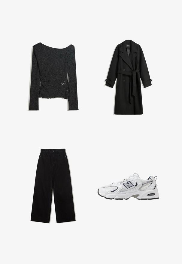 Crni kaput od mješavine vune s dvostrukim kopčanjem, velikim reverima, bočnim džepovima i remenom vezanim u struku. Ima detalje s gumbe.; Dug rukav, crni top od teksturirane tkanine s brod izrezom i bočnim prorezom, s naboranim uzorkom po cijeloj površini.; Crne, široke traperice visokog struka, s pet džepova i jednim gumbom za zakopčavanje sprijeda.; Bijela atletska cipela s mrežastim gornjim dijelom, mornarskim akcentima i podstavljenim potplatom. Sadrži "N" logo, vezice i teksturirani detalj sa strane.