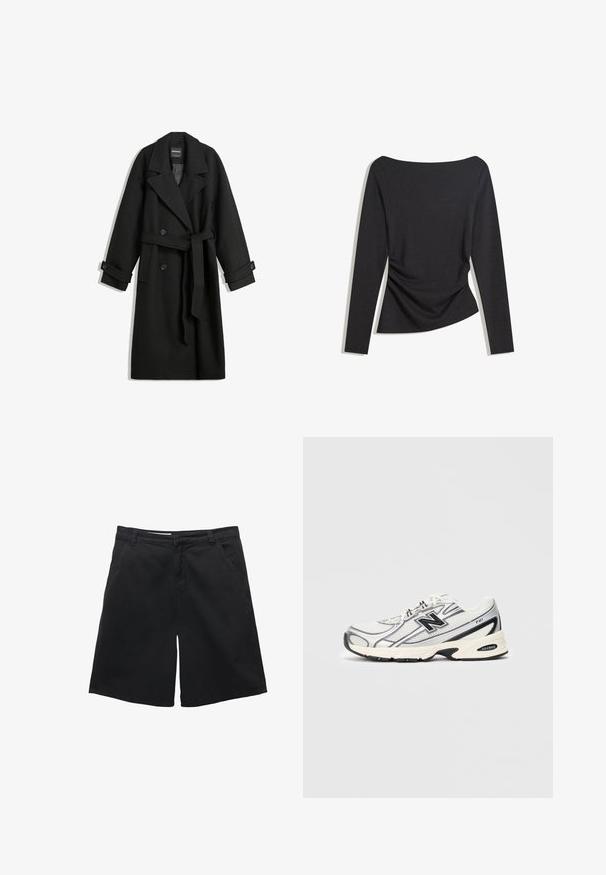 Czarny płaszcz z mieszanki wełny o podwójnym zapinaniu, z dużymi klapami, bocznymi kieszeniami i związanym paskiem w talii. Posiada akcenty w postaci guzików.; Czarny dopasowany top z długim rękawem i dekoltem typu łódka, z delikatnym marszczeniem po jednej stronie na wysokości talii, ułożony na białym tle.; Czarne szorty wykonane z bawełny, o prostym kroju, z dwoma przednimi kieszeniami i gładką teksturą. Brak widocznych wzorów lub akcentów.; Białe i szare sportowe sneakersy z czarnym logo "N", siateczkowa cholewka, wyściełana podeszwa oraz sznurowany design, pokazane na jednolitym jasnoszarym tle.