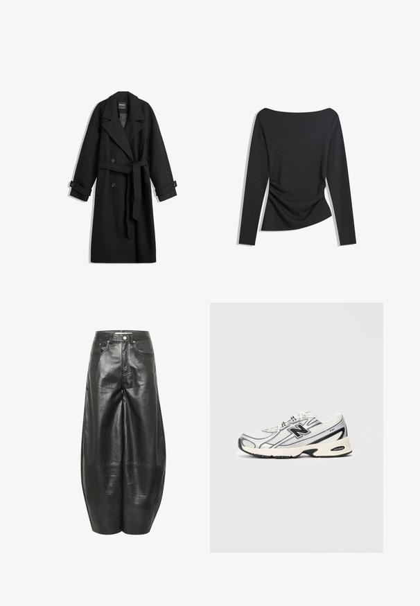 Fekete gyapjúkeverék kabát dupla gombolású kialakítással, nagy hajtókákkal, oldalsó zsebekkel és derékon megkötős övvela. Gombos díszítéssel rendelkezik.; Fekete, hosszú ujjú, testhez simuló blúz, tatyónyakkivágással, az oldalon a deréknál enyhe redőzéssel, fehér háttérre fektetve.; Fekete bőr, széles szárú nadrág sima textúrával, elülső zsebekkel és magas derékkal. Jellemzője a látható varrás és gombos zárás.; Fehér és szürke sportcipő fekete "N" logóval, hálós felsőrész, párnázott talp és fűzős kialakítás, világos szürke háttér előtt.