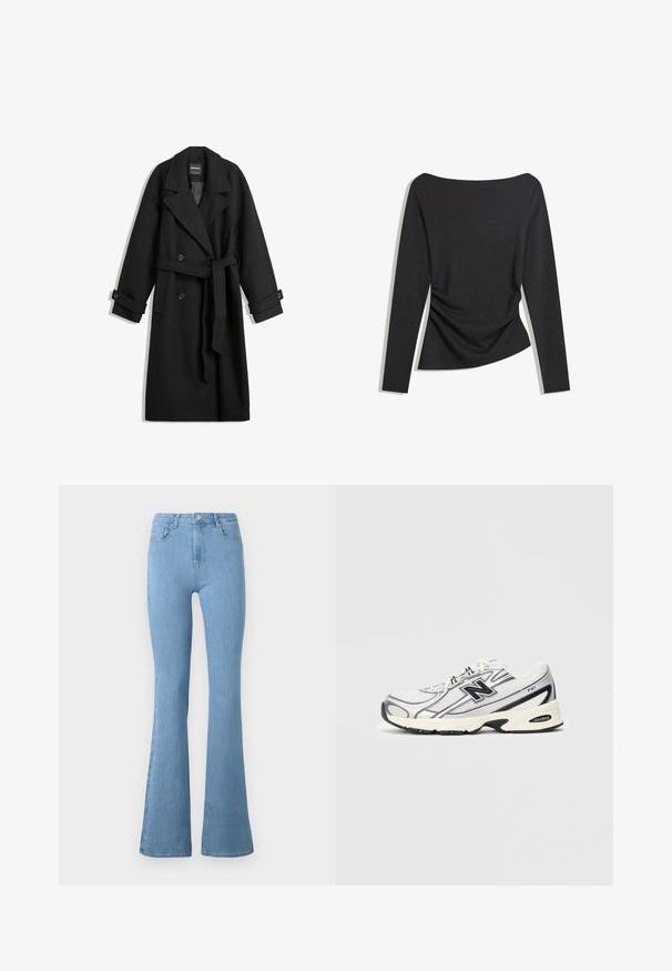 Crni kaput od mješavine vune s dvostrukim kopčanjem, velikim reverima, bočnim džepovima i remenom vezanim u struku. Ima detalje s gumbe.; Crni uski top s dugim rukavima i brodovskim izrezom, s laganim nabiranjem na jednoj strani u struku, položen ravno na bijeloj pozadini.; Svijetloplave traperice s flared nogavicama, visokog struka, s pet džepova, prednjim patentnim zatvaračem i metalnim dugmetom.; Bijeli i sivi atletski tenisice s crnim "N" LOGO-om, mrežasta gornjište, podloga s amortizacijom i dizajn s čipkastom vezom, prikazano na jednostavnom svijetlosivom pozadini.