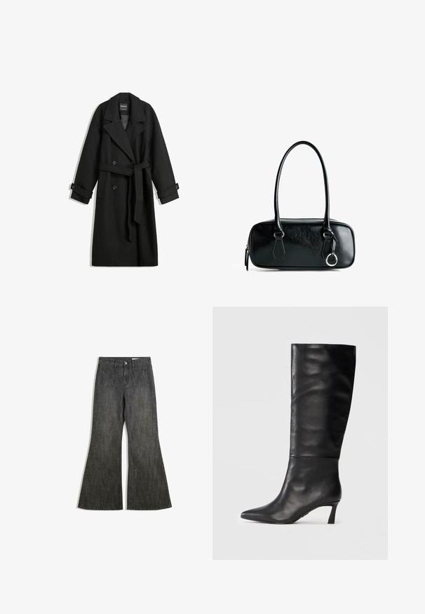 Svart ullblandad kappa med dubbelknäppt design, stora slag, sidofickor och ett knytbälte i midjan. Har knapppynt.; Svart långärmad topp i mjukt tyg. Har en djup V-ringning med vågig spetskant och en figurnära siluett. Inga synliga mönster.; Svarta utsvängda jeans med hög midja, som har två framfickor och två bakfickor, tillverkade av texturerad denimtyg.; Svarta läderknähöga stövlar med spetsig tå och smal klack. Slät struktur med sömlös design och polerad finish.; Svart läderhandväska med rektangulär form, jämn textur, två handtag och silverfärgade detaljer. Har dragkedjestängning och sömnadsdetaljer.