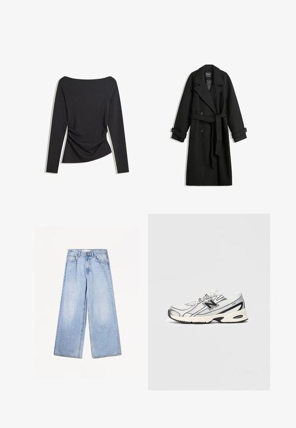 Černý kabát z vlněné směsi s dvouřadým zapínáním, širokými klopami, bočními kapsami a zavinovacím opaskem v pase. Obsahuje ozdobné knoflíky.; Černý dlouhý rukáv přiléhavý top s lodním výstřihem a mírným nařasením na jedné straně v oblasti pasu, položený na bílé pozadí.; Bershka WIDE-LEG - Wide leg - light-blue denim; Bílé a šedé sportovní tenisky s černým logem "N", síťovaným svrchním materiálem, polstrovanou podrážkou a šněrovacím designem, zobrazené na jednoduchém světle šedém pozadí.