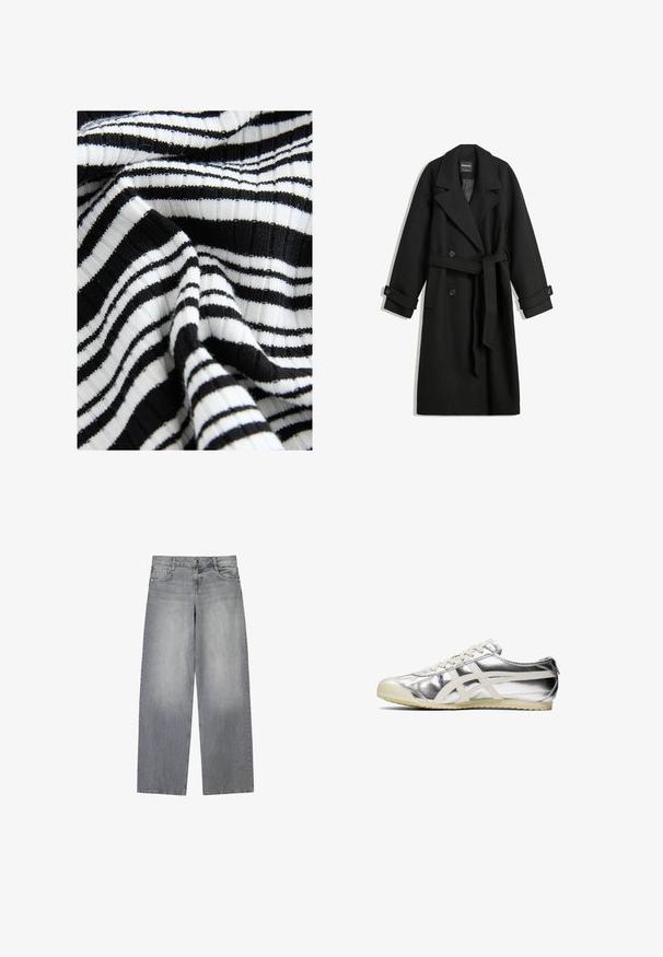 Schwarzer Wollmischungs-Mantel mit einem doppelt breiten Design, großen Revers, seitlichen Taschen und einem gebundenen Gürtel in der Taille. Mit Knopf-Akzenten.; Schwarz-weiß gestreifter Stoff mit einer gerippten Textur; abwechselnd breite und schmale Streifen erzeugen ein markantes Muster.; Graue Denim-Jeans mit weitem Bein und leicht ausgewaschenem Finish, ausgestattet mit fünf Taschen, einem frontalen Knopfverschluss und Gürtelschlaufen.; Silberne metallische Sneaker mit weißen Akzenten und Schnürsenkeln. Verfügt über eine strukturierte Oberfläche, eine abgerundete Zehenpartie und eine Gummi-Sohle mit einem Muster für besseren Halt.