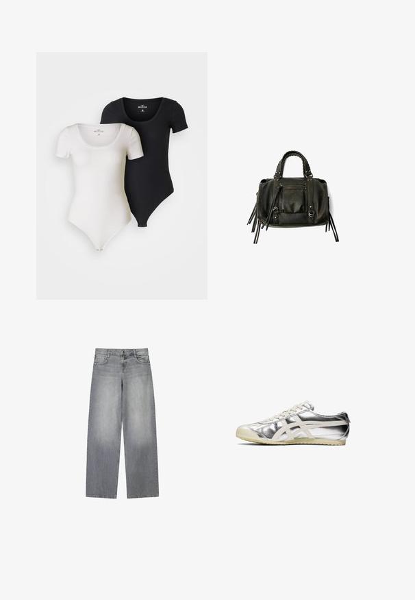 Musta villasekoitekotoinen takki, jossa on tuplapainike-muotoilu, suuret kaulukset, sivutaskut ja vyötärölle sidottava vyö. Koristeena nappiyksityiskohtia.; Kaksi raidoitettua bodysuitia, valkoinen ja musta. Ominaisuuksiin kuuluu pyöreä pääntie, lyhyet hihat ja nepparikiinnitys pohjassa. Joustavaa kangasta.; Vaaleanharmaat, leveälahkeiset farkut, joissa on hieman haalistunut pinta. Farkuissa on viisi taskua, etupainonappi ja vyölenkit.; Hopeapintainen metallinen lenkkari valkoisilla yksityiskohdilla ja nauhoilla. Varustettu teksturoidulla pinnalla, pyöristävällä kärjellä ja kumipohjalla, jossa on kuvioita pitoa varten.; Musta nahkainen käsilaukku letitetuilla kahvoilla, vetoketjullinen tasku ja roikkuvat tupsut. Muotoiltu pinta metallisten niittien ja varusteiden korostuksilla.