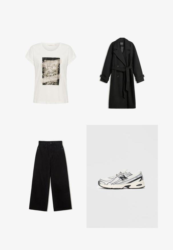 Musta villasekoitekotoinen takki, jossa on tuplapainike-muotoilu, suuret kaulukset, sivutaskut ja vyötärölle sidottava vyö. Koristeena nappiyksityiskohtia.; Valkoinen puuvillapitoinen t-paita, jossa on lyhyet hihat ja pyöreä kaula-aukko. Paidassa on kuviointi, jossa on lehvästöä ja teksti "LUONTO ON TAIDETTA" mustana.; Musta, leveälahkeinen farkut, joissa on korkea vyötärö, viisi taskua ja etupuolella yksittäinen napitus.; Valkoiset ja harmaat urheilukengät mustalla "N"-logolla, verkkomateriaali yläosassa, pehmustettu pohja ja nauhakiinnitys, esitelty vaaleanharmaalla taustalla.