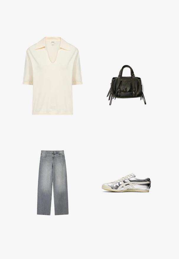 Cappotto in misto lana nero con design doppiopetto, ampi rever, tasche laterali e una cintura annodata in vita. Presenta dettagli con bottoni.; Polo shirt corto color crema, realizzato in materiale morbido, con scollatura a V e una sottile texture a costine sul colletto e sull'orlo.; Jeans in denim grigio a gamba larga con una finitura leggermente sbiadita, dotati di cinque tasche, chiusura frontale con bottone e passanti per cintura.; Sneaker metallica argento con accenti e lacci bianchi. Presenta una superficie testurizzata, punta rotonda e una suola in gomma con un motivo per una migliore aderenza.; Borsa a tracolla in pelle nera con manici intrecciati, tasca con zip e nappine pendenti. Superficie texturizzata con borchie metalliche e dettagli in metallo.