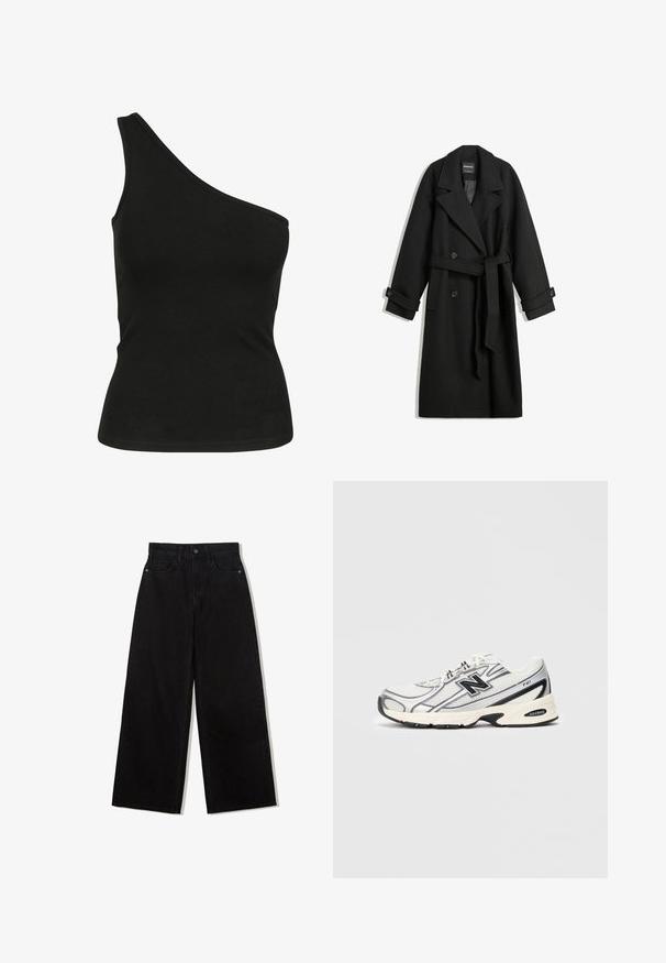 Sort uldblandet frakke med dobbeltrækker design, store revers, sidelommer og et bundet bælte i taljen. Har knapdetaljer.; Sort, en-skulder tanktop lavet af glat stof, med en tætsiddende silhuet og en ren, syet halsudskæring. Ingen synlige mønstre eller detaljer.; Sorte, vidde jeans lavet af denim med høj talje, med en fem-lomme design og en enkelt knaplukning foran.; Hvid og grå atletisk sneakers med sort "N" logo, mesh-overdel, polstret sål og snørebåndsdesign, vist på en ensfarvet lys grå baggrund.