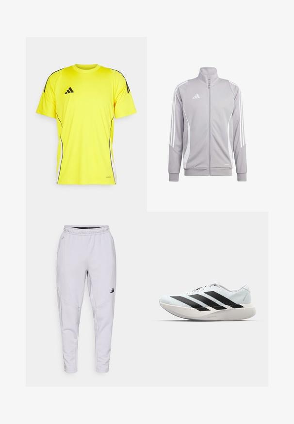 Svijetlosiva sportska jakna s bijelim detaljima, s patentnim zatvaračem sprijeda, visokim ovratnikom i tri bijele pruge na svakoj ruci. Izrađena od teksturiranog, prozračnog materijala.; Žuta atletska majica s crnim prugama i detaljima. Napravljena od laganog materijala, s kratkim rukavima i okruglim izrezom.; Svijetlosivi atletski hlače s elastičnom stražnjom trakom, suženim dizajnom, bočnim džepovima i crnim logo akcentima. Izrađene od mekog, rastezljivog materijala.; Lagane tenisice za trčanje u svijetloplavoj boji s crnim trakama. Imaju glatku gornju površinu, okrugli vrh i debeli bijeli srednji sloj označen "LIGHTSTRIKE PRO."