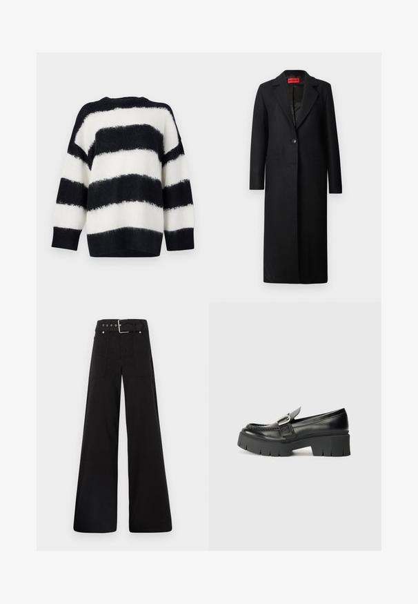Μαύρο παλτό με πέτο, κούμπωμα με ένα κουμπί, δύο μπροστινές τσέπες και λείο υφή, σχεδιασμένο με κομψή εφαρμογή.; Μαύρη και άσπρη ριγέ ζακέτα, κατασκευασμένη από μαλακό, υφαντό υλικό. Διαθέτει φαρδιά, άνετη γραμμή και ribbed μανσέτες. Εναλλασσόμενες παχιές ρίγες.; Μαύρο παντελόνι με φαρδιά ποδιά φτιαγμένο από βαμβάκι, με ψηλή μέση, μεγάλες πλαϊνές τσέπες και ζώνη με μεταλλικά αξεσουάρ σε ασημί απόχρωση.; Μαύρες δερμάτινες μοκασίνες με παχιά ελαστική σόλα. Διαθέτουν διακοσμητική πόρπη και ραφές κατά μήκος του πάνω μέρους. Ίσια φτέρνα.
