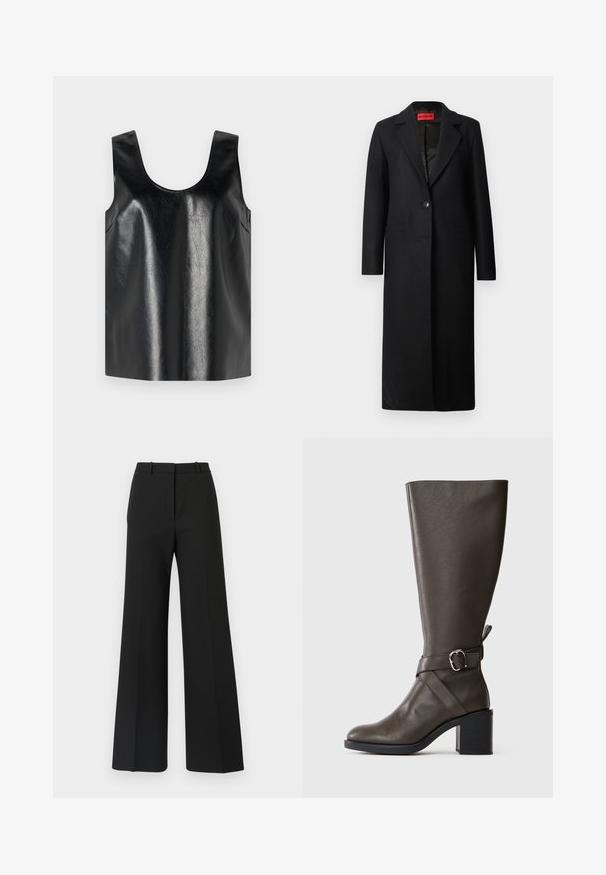 Zwarte overjas met een geknipte revers, sluiting met één knoop, twee voorzakken en een gladde textuur, ontworpen met een getailleerde pasvorm.; Zwarte mouwloze top van glanzend, gestructureerd materiaal met een ronde halslijn en zijzakken, met een minimalistisch ontwerp.; Zwarte wijde broek met een op maat gemaakt ontwerp, kenmerkend door een soepele textuur en subtiele plooien aan de voorkant. Geen zichtbare hardware of patronen.; Donkerbruine leren laars tot de knie met een middelhoge blokhak en een decoratieve riem met zilveren gesp rond de enkel.