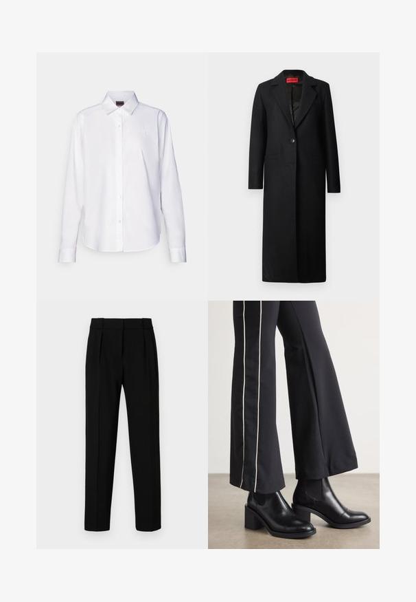 Crni kaput s režanj reverima, zatvaranjem na jedan gumb, dva prednja džepa i glatkom teksturom, dizajniran s krojem koji se dobro prilagođava tijelu.; Bijela košulja dugih rukava s gumbima, izrađena od pamuka. Ima klasičan ovratnik i suptilnu brendiranu vezicu na prsima. Glatka tekstura.; Crne krojene hlače ravnog kroja, s plisiranim prednjim dijelom, poliranim materijalom i srednjim pojasom. Nema vidljivih džepova ili metalnih detalja.; Crne kožne gležnjače s blok petom, s elastičnim bočnim panelima. Uparene s crnim hlačama koje imaju bijelu bočnu prugu.