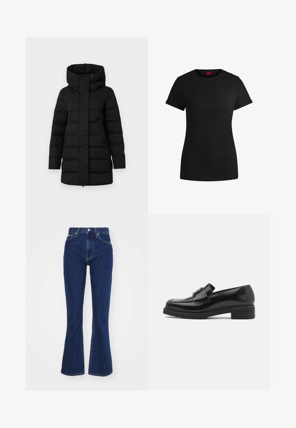 Zwarte geïsoleerde pufferjack met een hoge kraag, een ritssluiting aan de voorkant en twee zijzakken. Beschikt over een gequilte structuur voor warmte.; Zwart katoenen T-shirt met korte opgerolde mouwen, een ronde halslijn en een rood label. Glad textuur, aansluitende pasvorm met minimale details.; Donkerblauwe flared jeans van denim, met een hoge taille, ritssluiting en knoopsluiting, en vijf zakken met een lichte wassing.; Zwarte gepolijste leren instapper met een lage blokhak, gestikte neus en metalen gespdetail op de bovenkant, weergegeven in zijaanzicht op een witte achtergrond.