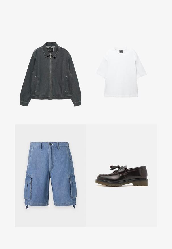 Tummansininen denim-takki, jossa on vetoketjukiinnitys, avara kaulus, kaksi sivutaskua ja kontrastiväriset ompeleet. Takissa on löysä ja rento leikkaus.; Valkoinen lyhythihainen T-paita, joka on valmistettu puuvillasta. Paita on pyöreäkauluksinen, väljästi leikattu ja suorahelmainen. Ei kuvioita eikä koristeita.; Siniset farkkutyyppiset cargo-shortsit, joissa on nappikiinnitys, kaksi etutaskua ja kaksi suurta sivuläppätaskua. Sisältää säätönyörit helmassa.; Ruske nahkate loafere z woveno zasnovo, z detajlom v obliki resic in ravnim gumijastim podplatom. Imajo gladek zaključek in kontrastno šivanje.