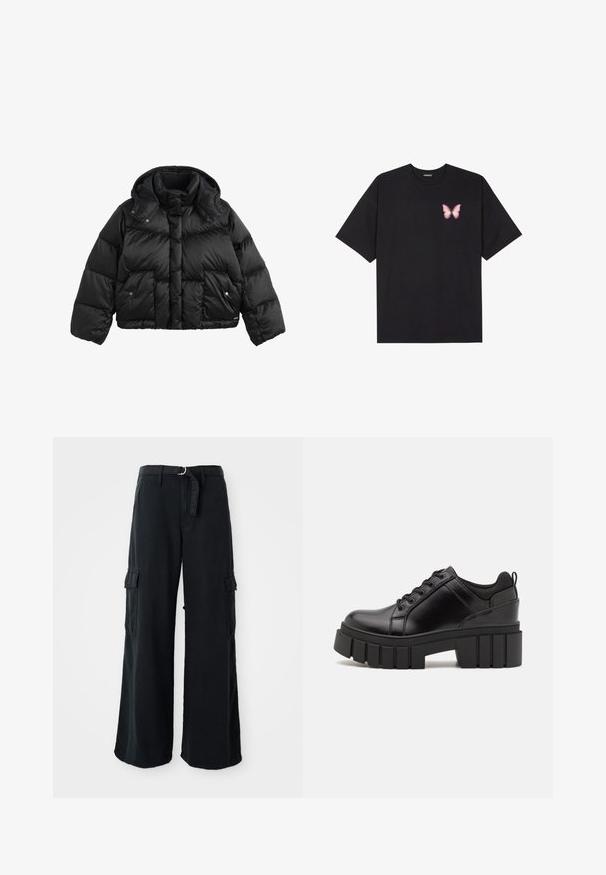 Sort, cropped pufferjakke med højt krave, aftagelig hætte, trykknap-lommer med klap og quiltet syninger på ærmerne og kroppen.; Sort bomulds T-shirt med korte ærmer, prydet med en lille pink sommerfugl grafik på venstre bryst. Rund hals design med en afslappet pasform.; Sorte bredbenede cargo-bukser lavet af bomuld med et bånd, der kan bindes, og som har to sidelommer samt en glat stofstruktur.; Sorte læder platform sko med en klodset blokhæl, rund tå og traditionelt snøredesign. Har en glat tekstur og minimal detaljering.