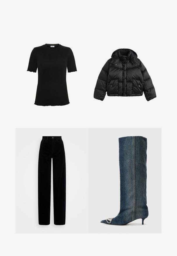 Schwarze, kurz geschnittene Steppjacke mit hohem Kragen, abnehmbarem Kapuzen, Druckknopf-Staufächern und gesteppten Nähten an Ärmeln und Körper.; Schwarzes kurzärmliges T-Shirt mit Rundhalsausschnitt, aus weichem Stoff gefertigt, mit gewellten Kanten an Ärmeln und Saum für ein dezentes Design-Detail.; Schwarze Cordhosen mit hoher Taille, weitem Bein Design und einer einzelnen vorderen Knopfverschluss. Glatte Textur mit vertikalen Rippungen.; Jeans-Kniehoher Stiefel mit spitzer Zehenpartie, silberner Hardware-Akzent, schlankem Kitten-Heel und glatter, strukturierter Oberfläche.