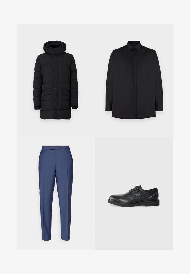 Čierna pufrová bunda s kapucňou, s prešívaným dizajnom, patentkami a dvoma prednými vreckami. Vyrobená z hladkého, zatepleného materiálu.; Čierna košeľa s dlhým rukávom vyrobená z hladkej tkaniny. Obsahuje klasický golier a predné zapínanie na gombíky. Voľný strih s zakriveným spodným okrajom.; Modré upravené nohavice z textúrovanej látky. Majú plochý predný diel, pútka na opasok a úzky strih s zužujúcimi sa nohavicami.; Čierna kožená topánka s okrúhlou špičkou, detailom na jedno pracku a plochou gumovou podrážkou. Obsahuje značku na boku pri päte.