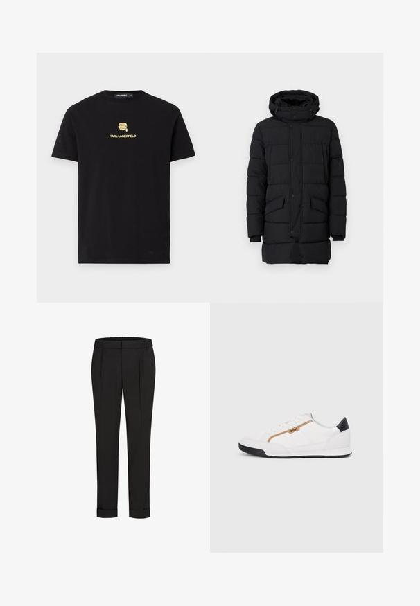 Černý nafukovací kabát s kapucí, s prošívaným designem, patentkami a dvěma předními kapsami. Vyrobeno z hladkého, izolačního materiálu.; Černé bavlněné tričko s kulatým výstřihem, se žlutou grafikou osoby v slunečních brýlích a textem "KARL LAGERFELD" pod designem.; Černé kalhoty s elastickým pasem, s rovnými nohavicemi a ohrnutými lemy. Vyrobené z hladké tkaniny bez vzorů.; Bílé sportovní boty s akcenty z meshe a kůže. Mají zlaté logo "BOSS", texturované boční panely a černý podpatek. Gumová podrážka.