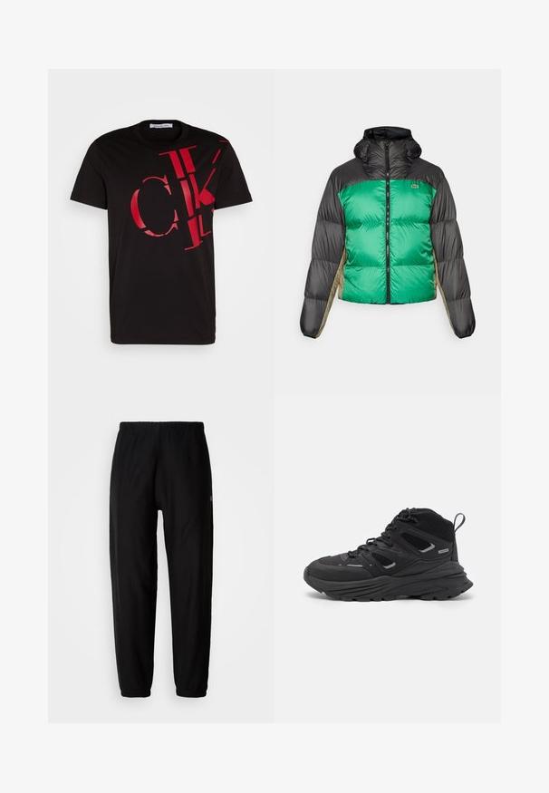 Casaco tipo puffer com frente verde, ombros pretos e painéis laterais bege. Tem um colarinho alto, fecho completo e textura almofadada.; Sweatshirt preto feito de mistura de algodão, apresentando um decote redondo, punhos canelados e um grande logótipo branco da Calvin Klein na frente.; T-shirt de algodão preto com um ousado design gráfico vermelho com letras sobrepostas. As mangas curtas e o decote redondo completam o estilo.; Calças de moletom pretas com cintura elástica, pernas afuniladas e punhos. Tecido liso. Detalhe do logo na lateral.; Botas de caminhada pretas com um design em camadas, tecido texturizado e sola de borracha, com áreas reforçadas e atacadores na frente.