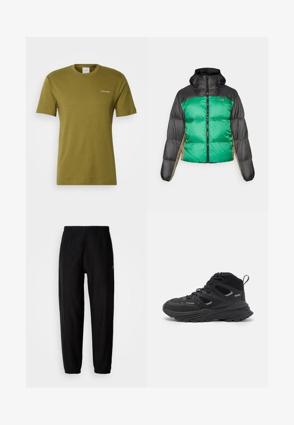 Pufi dzseki zöld elülső résszel, fekete vállpántokkal és bézs oldalsó panelekével. Magas gallérral, teljes cipzárral és párnázott anyaggal rendelkezik.; Fekete pulóver sweatshirt fél cipzárral, bordázott textúrával és hímzett "cK" logóval a bal mell részen.; Olívazöld pamut póló rövid ujjú, kerek nyakkivágással és egy apró fehér Calvin Klein logóval a bal mellen.; Fekete melegítőnadrág, gumis derékkal, tapered lábakkal és mandzsettával. Simább szövettextúra. Logó részlet az oldalon.; Fekete túracipő rétegezett kialakítással, texturált anyaggal és gumitalppal, megerősített részekkel és fűzős elülső résszel.