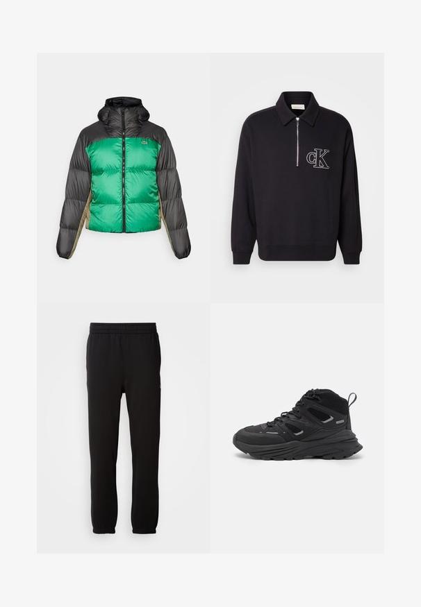 Daunenjacke mit einer grünen Vorderseite, schwarzen Schultern und beigefarbenen Seitenpanelen. Sie hat einen hohen Kragen, einen Reißverschluss über die volle Länge und gepolsterten Textur.; Schwarzer Pullover mit halbem Reißverschluss, mit gerippter Struktur und gesticktem "cK"-Logo auf der linken Brust.; Schwarze Jogginghose aus weichem Stoff, mit einem elastischen Bund, gerippten Säumen und einem kleinen Logo-Detail an der Seite.; Schwarze Wanderschuhe mit einem geschichteten Design, strukturiertem Stoff und Gummisohle, verstärkten Bereichen und Schnürung vorne.