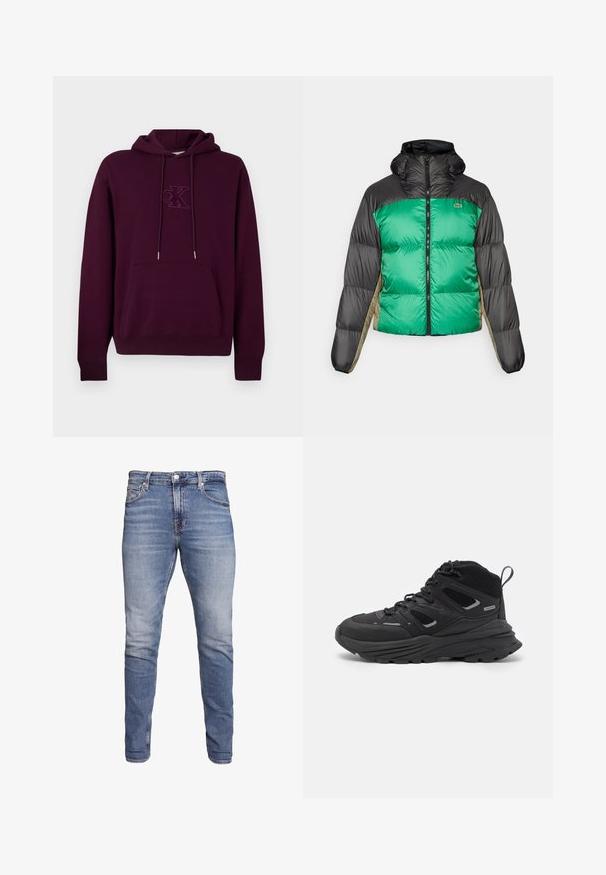 Giubbotto imbottito caratterizzato da un davanti verde, spalle nere e pannelli laterali beige. Presenta un colletto alto, chiusura a zip totale e una texture imbottita.; Felpa bordeaux con una ampia tasca frontale, cappuccio con cordino e logo ricamato nello stesso colore sul petto. Tessuto morbido in misto cotone.; Jeans blu slim-fit con cinque tasche, lavaggio scolorito, chiusura a bottoni e passanti per cintura, mostrati su uno sfondo bianco.; Scarpe da trekking nere con un design a strati, tessuto testurizzato e suola in gomma, dotate di aree rinforzate e allacciatura frontale.