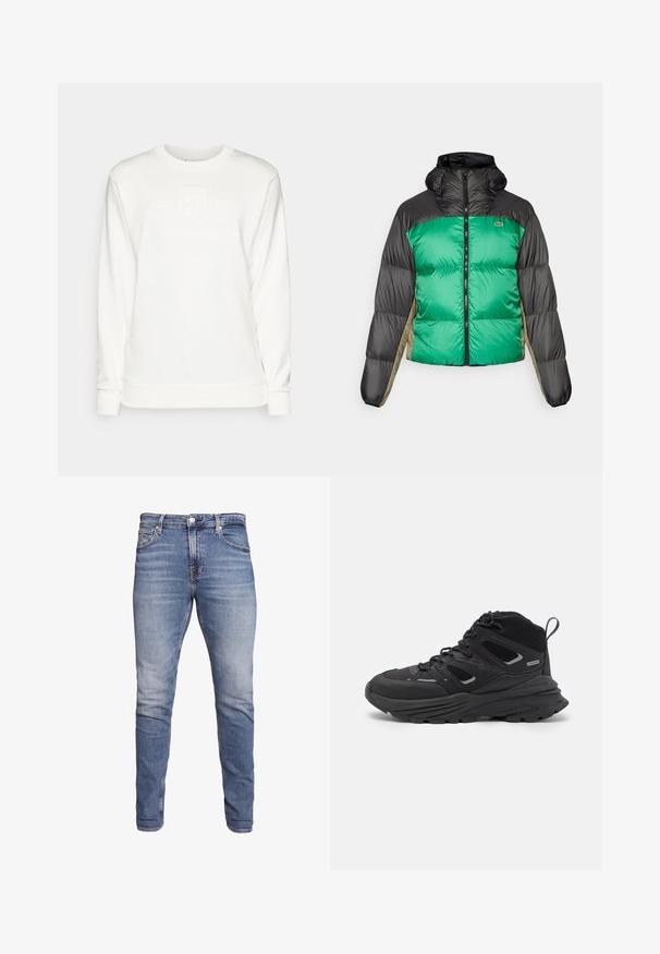 Giubbotto imbottito caratterizzato da un davanti verde, spalle nere e pannelli laterali beige. Presenta un colletto alto, chiusura a zip totale e una texture imbottita.; Felpa bianca con maniche lunghe, scollatura rotonda e dettagli con logo in rilievo. Realizzata in tessuto morbido con una consistenza liscia e polsini a costine.; Jeans blu slim-fit con cinque tasche, lavaggio scolorito, chiusura a bottoni e passanti per cintura, mostrati su uno sfondo bianco.; Scarpe da trekking nere con un design a strati, tessuto testurizzato e suola in gomma, dotate di aree rinforzate e allacciatura frontale.