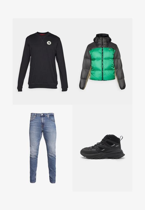Chaqueta tipo plumón con un frente verde, hombros negros y paneles laterales beige. Tiene un collar alto, cierre completo y textura acolchada.; Sudadera negra de manga larga con cuello redondo, presenta un logo en el pecho, puños acanalados y una textura lisa. Detalle interior del cuello en rojo.; Vaqueros ajustados azules con cinco bolsillos, lavado desgastado, cierre de botón y presillas para cinturón, exhibidos sobre un fondo blanco.; Botas de senderismo negras con un diseño estratificado, tejido texturizado y suela de goma, con áreas reforzadas y cordones en la parte delantera.
