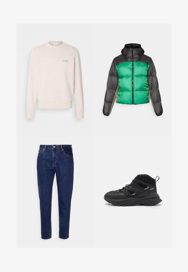 Puffer bunda s zeleným předním dílem, černými rameny a béžovými bočními panely. Má vysoký límec, plný zip a polstrovanou strukturu.; Krémová mikina vyrobená z jemné směsi bavlny, s kulatým výstřihem a žebrovanými manžetami, s malým černým logem Calvin Klein na hrudi.; Tmavě modré džíny z denimu s rovným střihem, pěti kapsami a zapínáním na knoflík. Obsahují jemné vyblednutí a detaily šití.; Černé turistické boty s vrstveným designem, texturovanou látkou a gumovou podešví, se zesílenými částmi a šněrovacím uzávěrem.