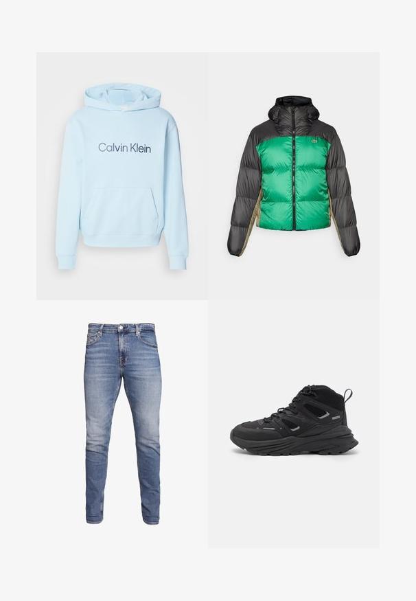 Daunenjacke mit einer grünen Vorderseite, schwarzen Schultern und beigefarbenen Seitenpanelen. Sie hat einen hohen Kragen, einen Reißverschluss über die volle Länge und gepolsterten Textur.; Hellblaues Hoodie aus weichem Material, mit einer Fronttasche und einem auffälligen "Calvin Klein"-Logo in Dunkelblau aufgedruckt.; Blaue Slim-Fit-Jeans mit fünf Taschen, ausgeblichenem Stoff, Knopfverschluss und Gürtelschlaufen, vor einem weißen Hintergrund präsentiert.; Schwarze Wanderschuhe mit einem geschichteten Design, strukturiertem Stoff und Gummisohle, verstärkten Bereichen und Schnürung vorne.