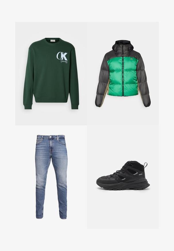 Giubbotto imbottito caratterizzato da un davanti verde, spalle nere e pannelli laterali beige. Presenta un colletto alto, chiusura a zip totale e una texture imbottita.; Felpa verde in cotone con maniche lunghe, scollo rotondo e logo bianco di Calvin Klein sul petto. Tessuto morbido e polsini a coste.; Jeans blu slim-fit con cinque tasche, lavaggio scolorito, chiusura a bottoni e passanti per cintura, mostrati su uno sfondo bianco.; Scarpe da trekking nere con un design a strati, tessuto testurizzato e suola in gomma, dotate di aree rinforzate e allacciatura frontale.