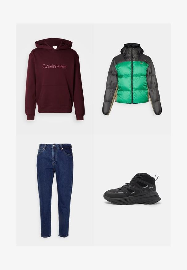 Pufová bunda s prednou časťou v zelenej farbe, čiernymi ramenami a béžovými bočnými panelmi. Má vysoký golier, plný zips a vystuženú textúru.; Bordový mikina s kapucňou a predným vreckom, na ktorom je svetlejším písmom logo "Calvin Klein". Vyrobená z mäkkej zmesi bavlny.; Biele bavlnené tričko s čiernym logom "CK" a nápisom "Calvin Klein Jeans", krátke rukávy a klasický okrúhly výstrih.; Tmavomodré džíny z denimu s rovnými nohavicami, piatimi vreckami a gombíkovým zapínaním. Obsahujú jemné opotrebenie a švy s detailmi.; Čierne turistické topánky s vrstveným dizajnom, textúrovaným materiálom a gumovou podrážkou, so zosilnenými miestami a šnurovaním vpredu.