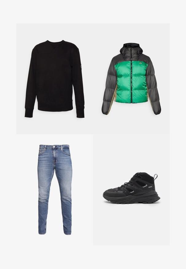 Puffjacka med grön framsida, svarta axlar och beige sidopaneler. Den har en hög krage, full dragkedja och vadderad textur.; Svart crewneck sweatshirt i bomull. Har ribbade muddar och nederkant, med en liten logotyp-patch på vänster ärm. Platt, slät yta.; Blå slim-fit jeans med fem fickor, blekt tvätt, knäppning och bälteshål, uppvisade mot en vit bakgrund.; Svarta vandringsskor med ett flerskiktat mönster, texturerat tyg och gummisula, med förstärkta områden och snörning fram.