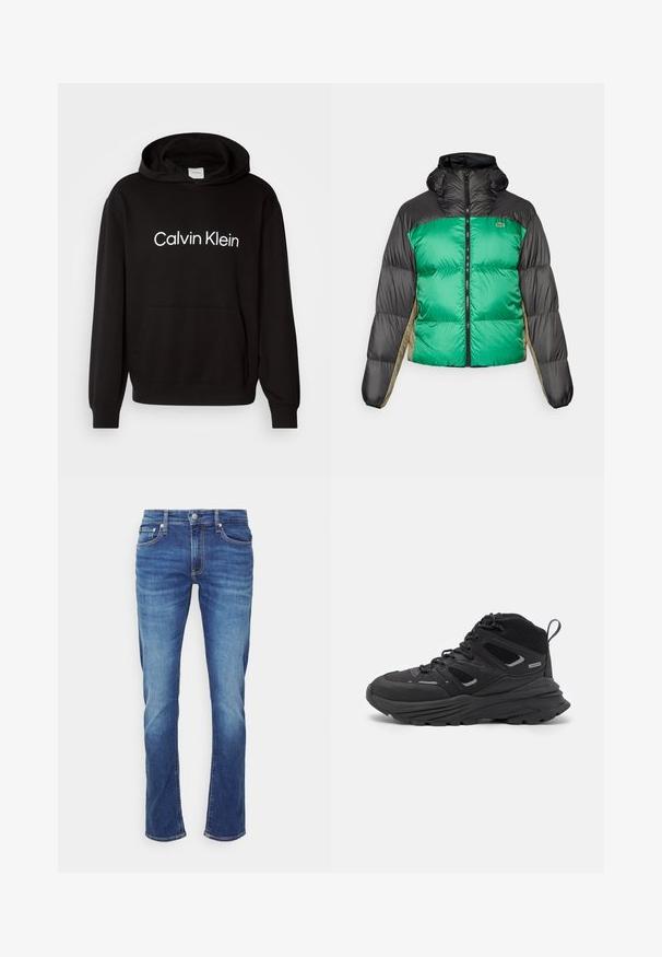 Pufová bunda s prednou časťou v zelenej farbe, čiernymi ramenami a béžovými bočnými panelmi. Má vysoký golier, plný zips a vystuženú textúru.; Čierna bavlnená mikina s kapucňou a prednou vreckom, s bielym logom "Calvin Klein" na hrudníku a rebrovanými manžetami a lemom.; Biele bavlnené tričko s čiernym logom "CK" a nápisom "Calvin Klein Jeans", krátke rukávy a klasický okrúhly výstrih.; Modré džínsy s rovnými nohavicami. Medzi funkcie patrí tradičné usporiadanie piatich vreciek a viditeľné detaily šitia.; Čierne turistické topánky s vrstveným dizajnom, textúrovaným materiálom a gumovou podrážkou, so zosilnenými miestami a šnurovaním vpredu.