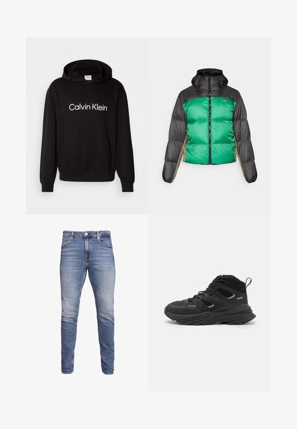 Φούτερ μπουφάν με πράσινο μπροστινό μέρος, μαύρους ώμους και μπεζ πλευρικές πάνελ. Έχει υψηλό γιακά, πλήρη φερμουάρ και υφή με επένδυση.; Μαύρο φούτερ από βαμβάκι με μπροστινή τσέπη, διακοσμημένο με λευκό λογότυπο "Calvin Klein" στο στήθος και ριμπ έμειθρα και τελειώματα.; Μπλε στενά τζιν παντελόνια με πέντε τσέπες, ξεθωριασμένο φινίρισμα, κλείσιμο με κουμπί και θηλιές ζώνης, τοποθετημένα σε λευκό φόντο.; Μαύρα παπούτσια πεζοπορίας με σχεδίαση σε στρώσεις, υφασμάτινη υφή και καουτσούκ σόλα, με ενισχυμένα σημεία και κορδόνια.