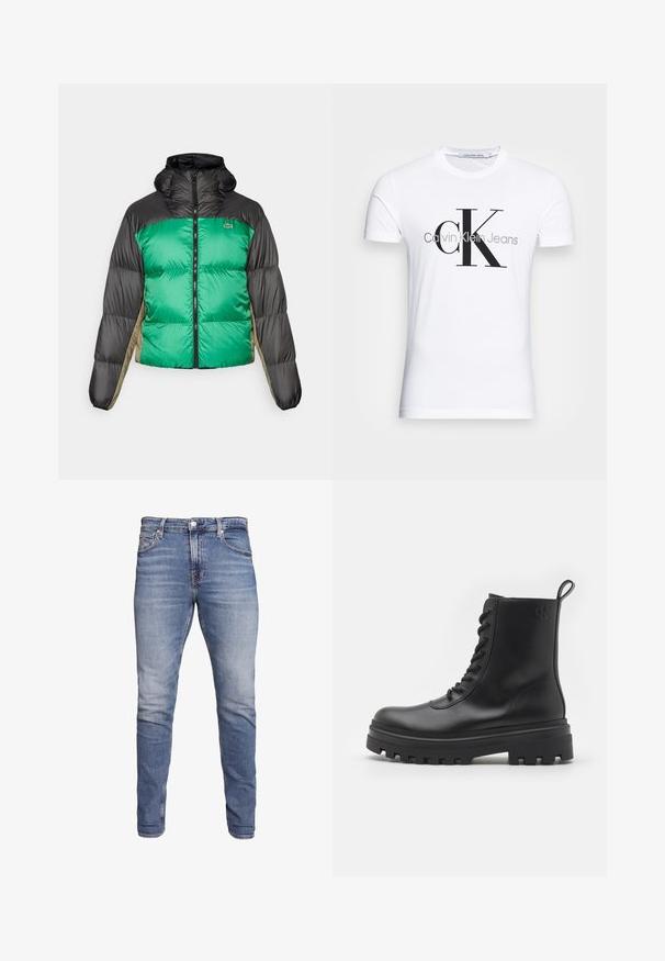 Chaqueta tipo plumón con un frente verde, hombros negros y paneles laterales beige. Tiene un collar alto, cierre completo y textura acolchada.; Camiseta de algodón blanca con un logo negro "CK" y el texto "Calvin Klein Jeans", manga corta y un clásico escote redondo.; Vaqueros ajustados azules con cinco bolsillos, lavado desgastado, cierre de botón y presillas para cinturón, exhibidos sobre un fondo blanco.; Calvin Klein Jeans Botines con cordones - triple black