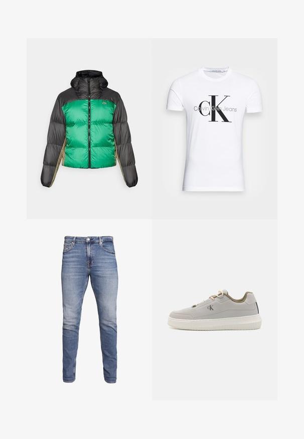 Puffer bunda s zeleným předním dílem, černými rameny a béžovými bočními panely. Má vysoký límec, plný zip a polstrovanou strukturu.; Bílý bavlněný tričko s černým logem "CK" a textem "Calvin Klein Jeans", krátké rukávy a klasický kulatý výstřih.; Modré slim-fit džíny s pěti kapsami, vybledlým umytím, zapínáním na knoflík a poutky na opasek, vystavené na bílém pozadí.; Světle šedá sportovní obuv s hladkým povrchem, bílou gumovou podrážkou, béžovými tkaničkami a nenápadným brandingem. Má nízký střih a polstrovaný límec.