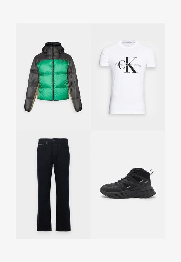 Pufová bunda s prednou časťou v zelenej farbe, čiernymi ramenami a béžovými bočnými panelmi. Má vysoký golier, plný zips a vystuženú textúru.; Biele bavlnené tričko s čiernym logom "CK" a nápisom "Calvin Klein Jeans", krátke rukávy a klasický okrúhly výstrih.; Čierne rifle z denimu s rovnými nohavicami, zapínaním na gombíky a dvoma prednými vreckami. Materiál má hladkú textúru s minimom detailov.; Čierne turistické topánky s vrstveným dizajnom, textúrovaným materiálom a gumovou podrážkou, so zosilnenými miestami a šnurovaním vpredu.