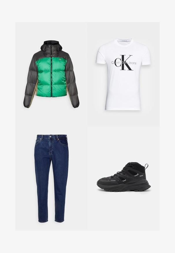 Jakna s punjenjem koja ima zeleni prednji dio, crne ramena i bež bočne panele. Ima visoki ovratnik, potpuni zatvarač i pojačanu teksturu.; Bijela pamučna majica s crnim "CK" logotipom i natpisom "Calvin Klein Jeans", kratki rukavi i klasičan okrugli izrez.; Tamno plave traperice s ravnim nogavicama, pet džepova i dugmetom za zatvaranje. Imaju blago istrošen izgled i detalje sa šavovima.; Crne planinarske cipele s višeslojnim dizajnom, teksturiranom tkaninom i gumenenim potplatom, s ojačanim dijelovima i vezicama sprijeda.