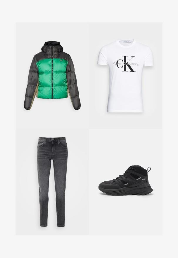 Jakna s punjenjem koja ima zeleni prednji dio, crne ramena i bež bočne panele. Ima visoki ovratnik, potpuni zatvarač i pojačanu teksturu.; Bijela pamučna majica s crnim "CK" logotipom i natpisom "Calvin Klein Jeans", kratki rukavi i klasičan okrugli izrez.; Crne traperice slim fit, s visokim strukom, klasičnim dizajnom s pet džepova i suptilnim izblijedjenjem za blago istrošen izgled.; Crne planinarske cipele s višeslojnim dizajnom, teksturiranom tkaninom i gumenenim potplatom, s ojačanim dijelovima i vezicama sprijeda.