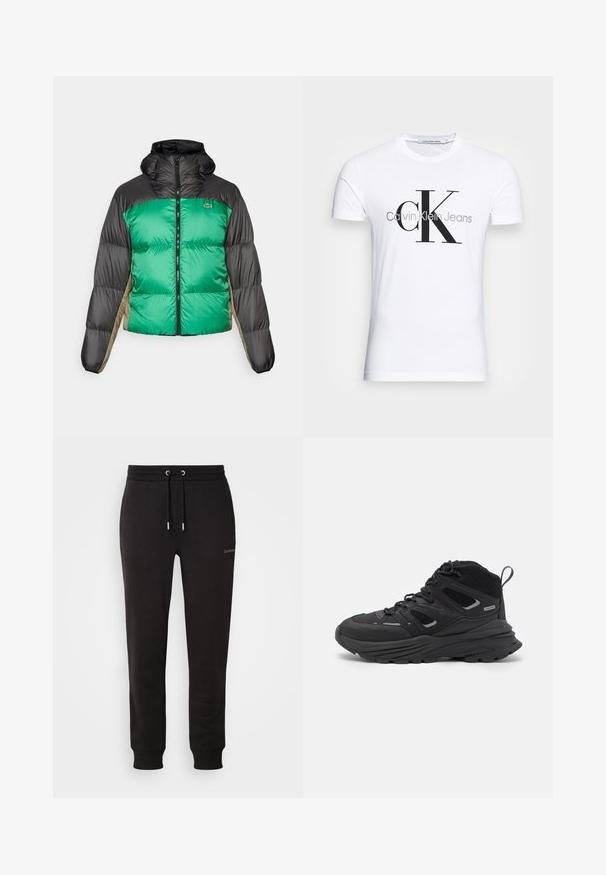 Kuisim jacket, jossa on vihreä etuosa, mustat olat ja beige sivupaneelit. Se on varustettu korkealla kauluksella, täyspitkällä vetoketjulla ja pehmeällä, topatulla pinnalla.; Valkoinen puuvillateeppari, jossa on musta "CK"-logo ja "Calvin Klein Jeans" -teksti, lyhyet hihat ja klassinen pyöreä kaula-aukko.; Musta puuvillane dressipluus koos elastse vöökoha ja paelaga, küljetaskud ja ribakujulised varrukad, loodud mugavuse ja funktsionaalsuse tagamiseks.; Mustia vaeltajakenkiä, joissa on kerroksellinen muotoilu, teksturoitu kangas ja kumipohja. Kenkien vahvistettuja alueita ja nauhakiinnitys edessä.