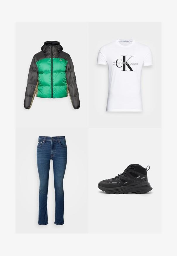 Dygsniuota striukė su žalia priekiu, juodais pečiais ir béžinėmis šoninėmis panelėmis. Ji turi aukštą apykaklę, pilną užtrauktuką ir paminkštintą struktūrą.; Balta medvilninė marškinėliai su juodu "CK" logotipu ir "Calvin Klein Jeans" tekstu, trumpomis rankovėmis ir klasikine apvalia iškirpte.; Lieknos figūros mėlynos džinsai su vidutinio liemens, klasikiniu penkių kišenių dizainu ir išblukusiomis detalėmis ant balto fono.; Juodi žygio batai su sluoksniuota struktūra, tekstūruota medžiaga ir guma padanga, su sutvirtintomis sritimis ir raištelių užsegimu.