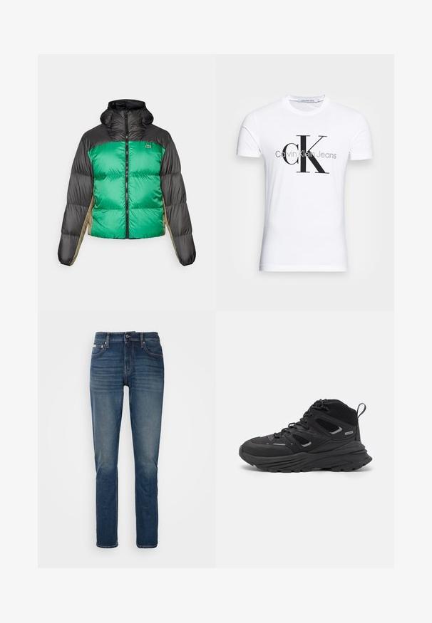 Pufjakas ar zaļu priekšpusi, melniem pleciem un bēšiem sānu paneļiem. Tam ir augsts apkakle, pilnīga zips un pamatota tekstūra.; Baltas kokvilnas T-krekls ar melnu "CK" logo un tekstu "Calvin Klein Jeans", īsām piedurknēm un klasisku apaļu kakla izgriezumu.; Tumši zila džinsa bikses ar taisnu griezumu, ar rāvējslēdzēju, piecām kabatām un kontrastējošiem šuvju diegiem.; Melnas pārgājienu kurpes ar slāņotu dizainu, teksturētu audumu un gumijas zoli, ar nostiprinātām vietām un auklām priekšā.