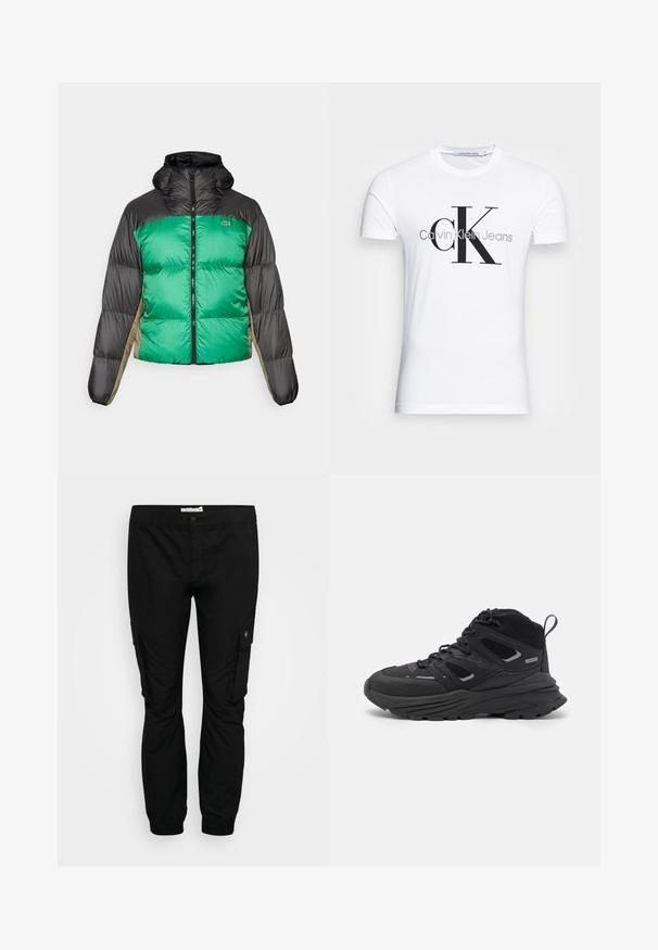 Puhasta jakna z zelenim sprednjim delom, črnimi rameni in bež stranskimi paneli. Ima visok ovratnik, popoln zadrgo in podloženo teksturo.; Bela bomba majica iz bombaža z črnim logotipom "CK" in napisom "Calvin Klein Jeans", kratkimi rokavi in klasičnim okroglim ovratnikom.; Črne cargo hlače z elastičnim pasom, zoženimi nogami in stranskimi žepi. Narejene iz lahkotnega materiala z gladko teksturo.; Črne pohodne čevlje z večplastno zasnovo, teksturirano tkanino in gumijastim podplatom, z ojačanimi deli in vezalkami spredaj.