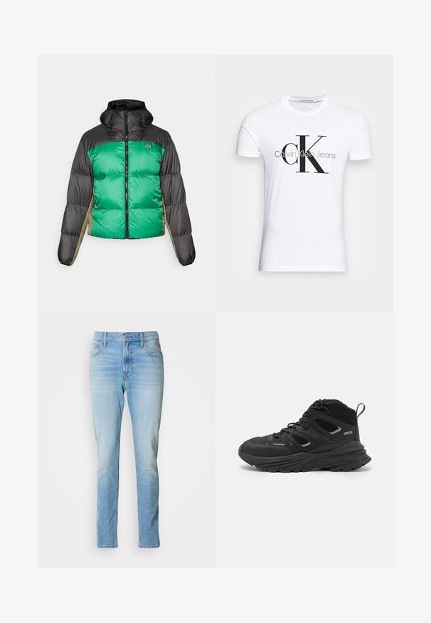 Chaqueta tipo plumón con un frente verde, hombros negros y paneles laterales beige. Tiene un collar alto, cierre completo y textura acolchada.; Camiseta de algodón blanca con un logo negro "CK" y el texto "Calvin Klein Jeans", manga corta y un clásico escote redondo.; Jeans de mezclilla azul claro con corte de pierna recta, desvanecimiento sutil y un diseño clásico de cinco bolsillos. Presenta un cierre de botón y pasadores para cinturón.; Botas de senderismo negras con un diseño estratificado, tejido texturizado y suela de goma, con áreas reforzadas y cordones en la parte delantera.
