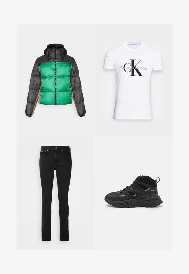 Φούτερ μπουφάν με πράσινο μπροστινό μέρος, μαύρους ώμους και μπεζ πλευρικές πάνελ. Έχει υψηλό γιακά, πλήρη φερμουάρ και υφή με επένδυση.; Λευκό βαμβακερό μπλουζάκι με μαύρο λογότυπο "CK" και κείμενο "Calvin Klein Jeans", κοντά μανίκια και κλασικό στρογγυλό ντεκολτέ.; Μαύρα τζιν παντελόνια με στενή γραμμή, διαθέτουν πέντε τσέπες, κλείσιμο με κουμπί και διακριτές ραφές. Λείος υφή, χωρίς σχέδια.; Μαύρα παπούτσια πεζοπορίας με σχεδίαση σε στρώσεις, υφασμάτινη υφή και καουτσούκ σόλα, με ενισχυμένα σημεία και κορδόνια.