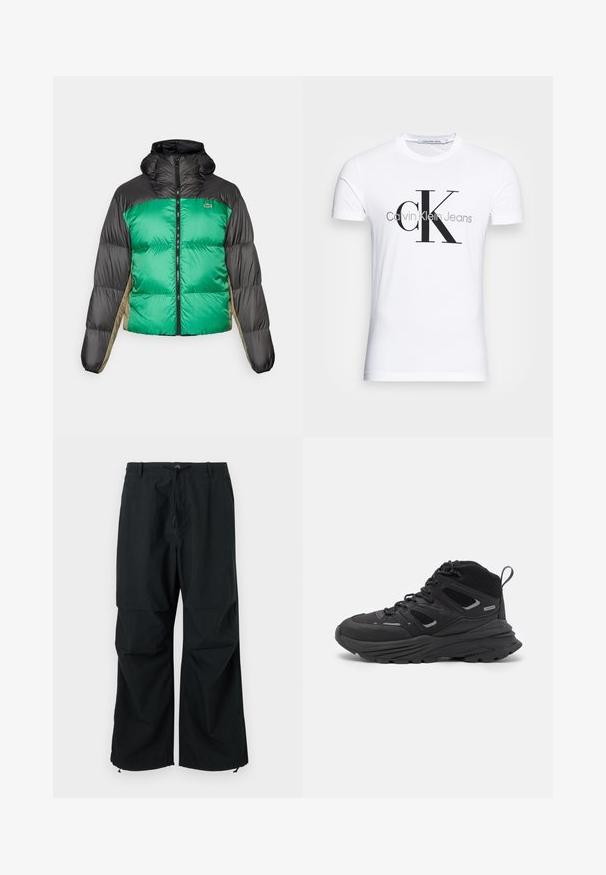 Puffjakker, millel on roheline eesmine osa, mustad õlad ja beežid külgpaneelid. Sellel on kõrge kaelus, täispikk tõmblukk ja polsterdatud tekstuur.; Valge puuvillane T-särk, millel on must "CK" logo ja "Calvin Klein Jeans" tekst, lühikesed varrukad ning klassikaline ümmargune kaelus.; Mustad, laiad püksid, millel on nööri vöökoht ja elastsed hems. Valmistatud kergest, tekstureeritud kangast. Lihtne disain.; Mustad matkajalatsid, millel on kihiline disain, tekstureeritud kangas ja kummist tallad, tugevduskohtadega ning sidumisfront.